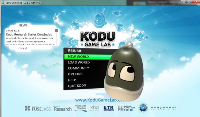 How2 create your first world in Kodu When you open Kodu Game Lab, you will see a window that has a number of options. To create your own world in Kodu, select New World.