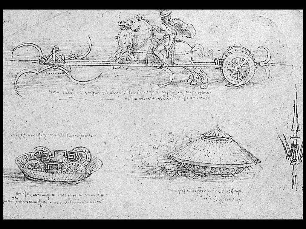 Leonardo da Vinci. A Scythed Chariot, Armored Car, and Pike. c. 1487. 6 3/8 x 9 3/4 in. Leonardo was an engineer and inventor.