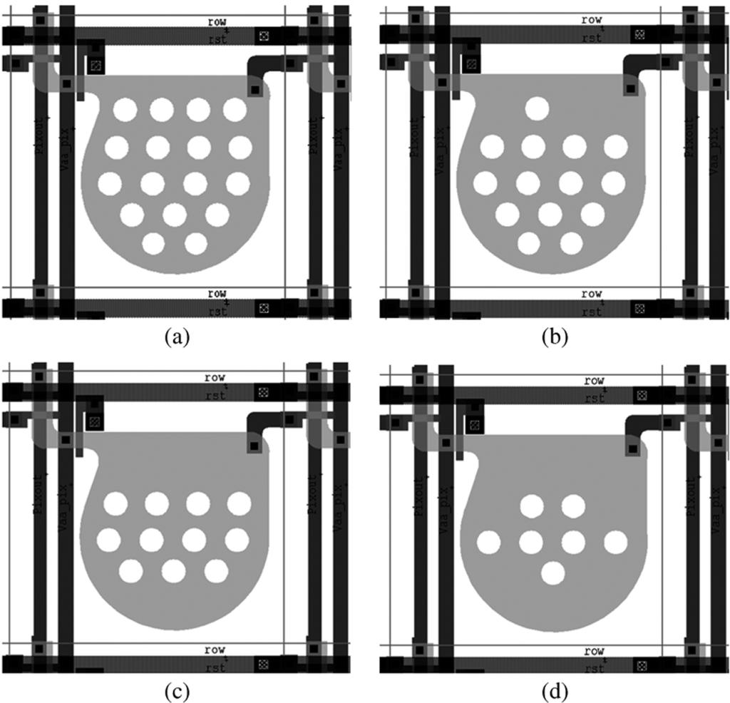 4 TRANSACTIONS ON CIRCUITS AND SYSTEMS I: REGULAR PAPERS, VOL. 55, NO. 6, JULY 2008 Fig. 6. Test pixels with circular openings. (a) c17. (b) c14. (c) c11. (d) c7. Fig. 7.