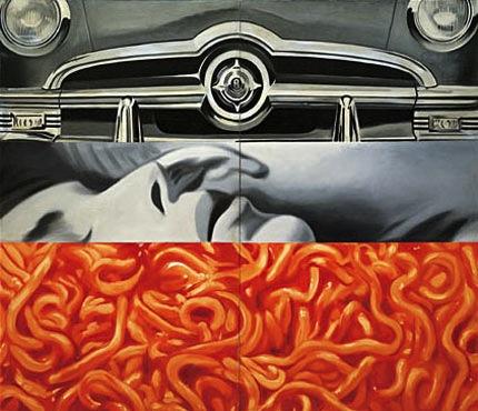 A Ford car, a girl s face and spaghetti in tomato sauce are brought together to express