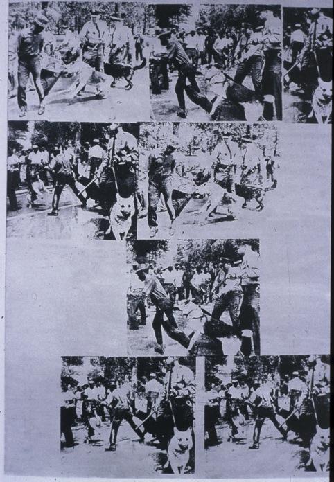Race riots: Photo at top, Warhol at right, Race Riot, 1963.