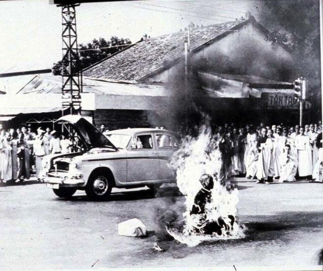 Quang Duc, a seventy-three-year-old Buddhist monk, soaked himself in gasoline and set himself on fire, burning to death in front of thousands of onlookers at a main highway intersection in Saigon,