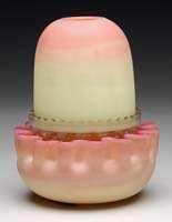 $300.00 BURMESE FAIRY LAMP. Acid Burmese fairy-size dome on a clear Clarke cup marked "S.