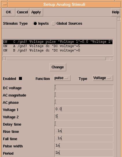 Figure 9 - Stimuli Setup, Settings for C input The final phase of the process is to select the variables which need to be plotted. Within the Analog Environment window the Output menu can be selected.