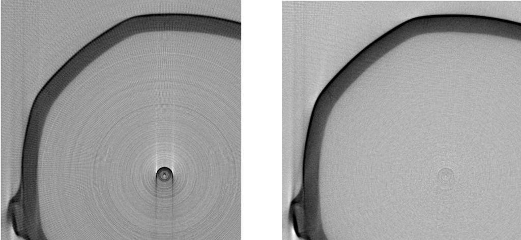 Figure 4: Ring artefacts: reconstruction without and with spot-filtered flat-field correction 4 Image reconstruction Figure 5: Images: original image and spot-filtered image After images over the