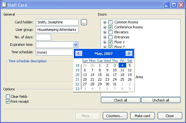 A calendar control is available in all card dialogs where an expiration time is to be chosen the expiration time does not need to be entered manually, just pick the appropriate date in the calendar.