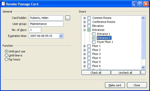 2.3.4 Revoke passage card Revoke passage cards are always smart/4k/cryptorf cards. They are used for revoking (and resetting) passage time schedules in locks.