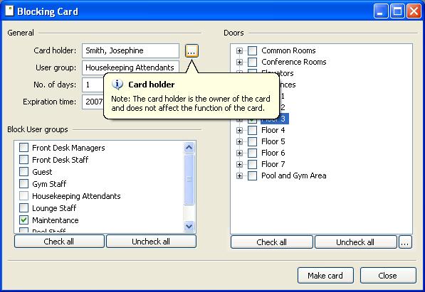 2.3.6 Blocking card Blocking cards are smart/4k/cryptorf cards that are used for blocking out entire user groups from certain doors.