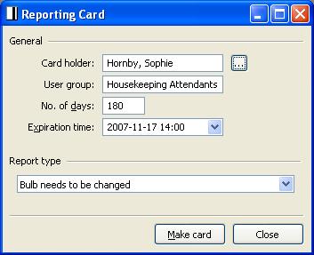 The reports can then be read out and be processed in the PC, showing the report message and the cardholder that made the report. Up to 128 different report types can be defined in VISIONLINE.