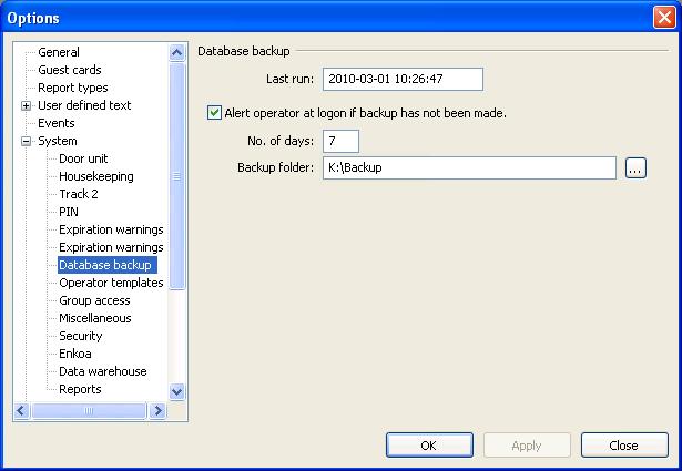 1.4 Backup of database At Tools/Options/System/Database backup, it is possible to set up a backup folder which should be located on a file server.