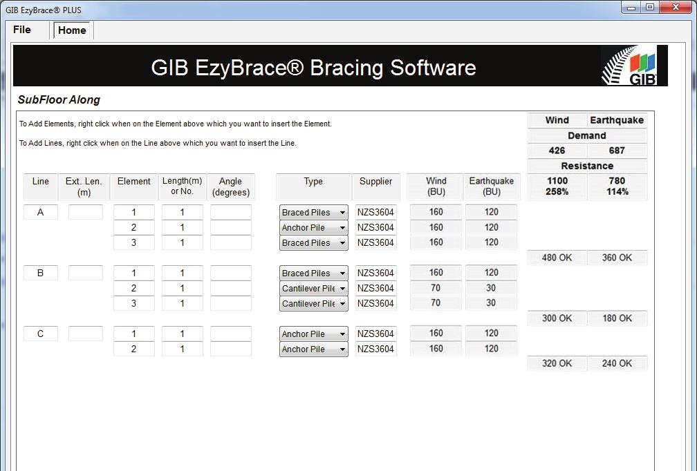 BRACING RESISTANCE AND DEMAND Software functionality Innovations adopted in the GIB EzyBrace 2016 bracing resistance calculation sheets include the ability to easily add and delete lines and elements