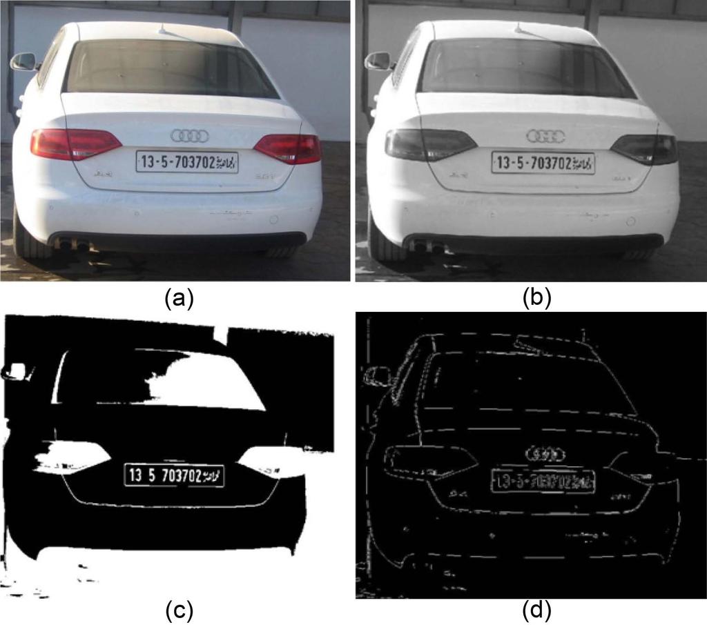 Figure 2. (a) Original image; (b) gray scale of input image; (c) global thresholding; (d) Soble edge detection. threshold value where the sum of foreground and back ground spreads is at its minimum.