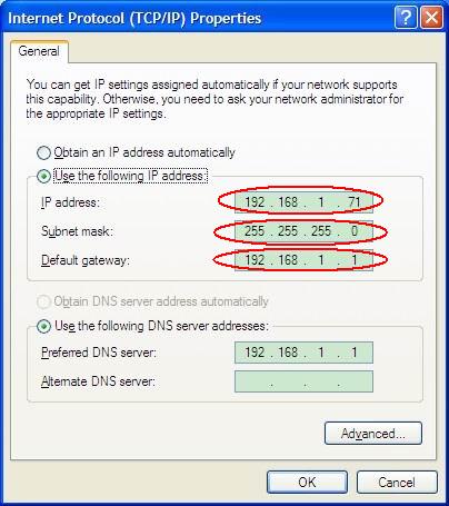 6.Communication with PC set the IP address to 192.168.1.71, Subnet mask is 255.255.255.0, Default gateway is 192.168.1.1. Figure 6-5 Set the network parameters of the computer (3) Set the network parameters of the OWON Oscilloscope Software.