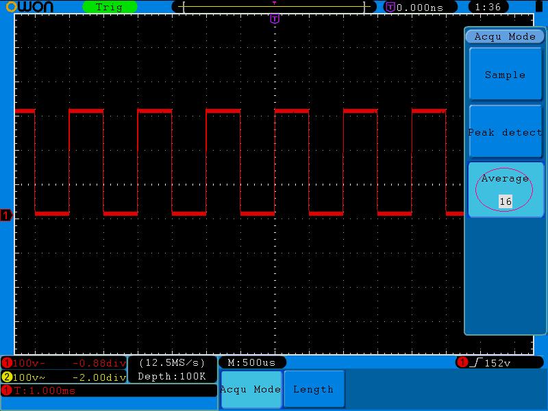 7.Demonstration (2) Press the H1 button to display ACQU Mode menu. (3) Press the F3 button, turn the M knob and observe the waveform obtained from averaging the waveforms of different average number.