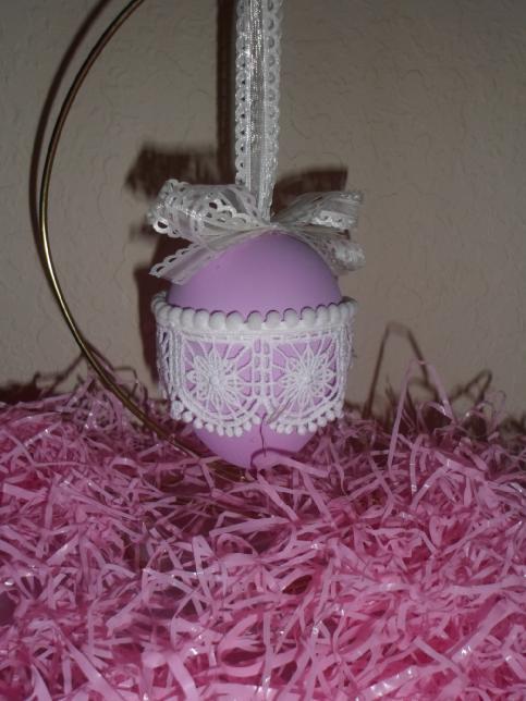 Accents Lace design, Item 011: features a tiny pom pom trim (purchased trim) The egg was placed wider side up, ribbon bow added