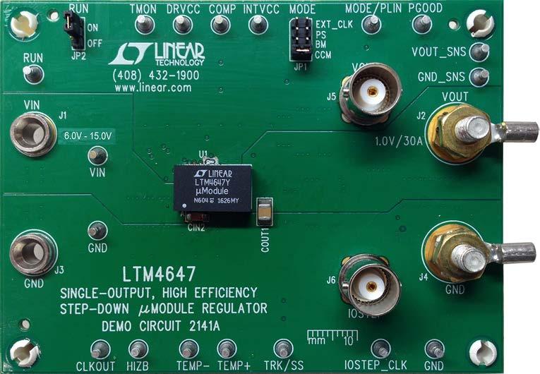 DESCRIPTION Demonstration circuit A features the LTM 67EY, a A high efficiency, switch mode step-down power µmodule regulator. The input voltage range is from 6V to 5V.