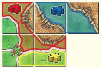 All 3 farmers have their own farms. The city and road segments separate the farms from each other. With the placement of the new land tile, the 3 players each have 1 farmer on the farm.