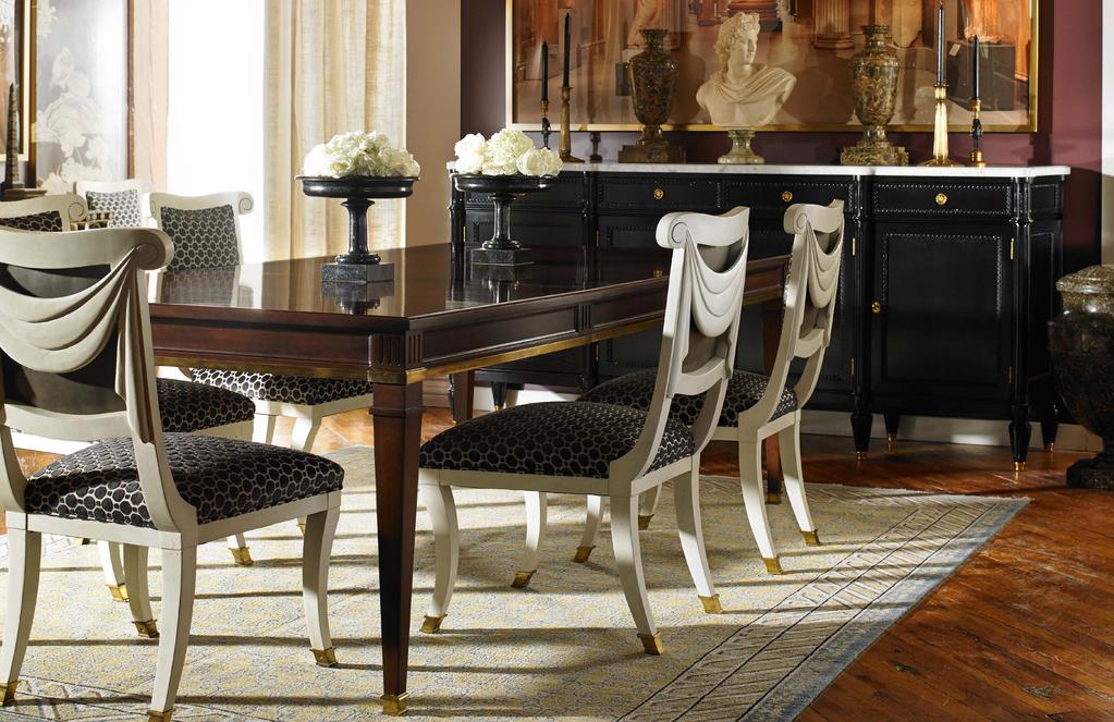 5240-70 Lincoln Dining Table, 5245-70 Jefferson Sideboard with 5245-80 Jefferson Sideboard Stone Top, 5210-02 Jefferson Side Chair, 2100-486 Black Snakeskin Stone Inlaid Urn, 2100-485 Brown Snakeskin