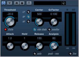 Live mode (On/Off) Side-Chain (On/Off) Gate When activated, Live mode disengages the look ahead feature of Expander.