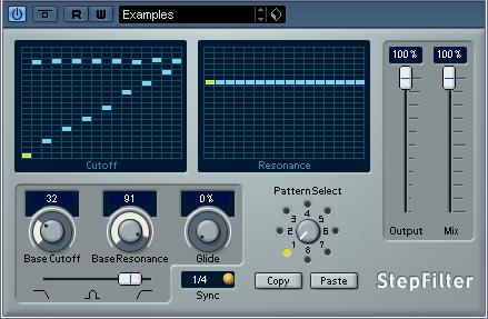 StepFilter By starting playback and editing the patterns for the cutoff and resonance parameters, you can hear how your filter patterns affect the sound source connected to StepFilter directly.