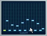 Both the cutoff and resonance patterns are saved together in the 8 Pattern memories. To select new patterns you use the pattern selector. New patterns are all set to the same step value by default.
