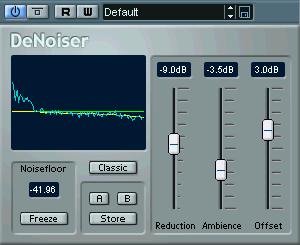 DeNoiser The figure below shows the signal flow: Noise Reduction Level Ambience Noise Floor Ambient Analysis Transient Analysis The DeNoiser plug-in lets you suppress noise without affecting the