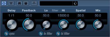 The parameters are as follows: Delay Tempo sync on/off Feedback Filter Lo Filter Hi Mix Side-Chain on/off This is where you specify the base note value for the delay if tempo sync is on (1/1 1/32,
