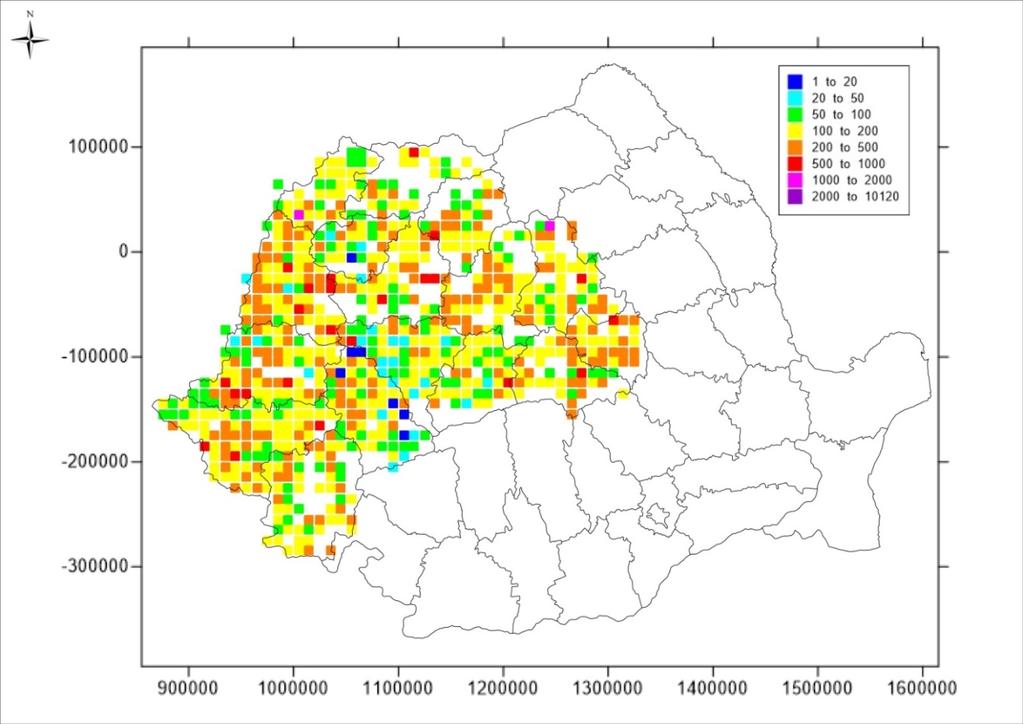Figura 6. Harta de radon în aerul din interiorul locuinţelor din arealul celor 16 judeţe din România participante în proiect în celule de10 km x 10 km (AM media aritmetică a concentraţiei de radon).
