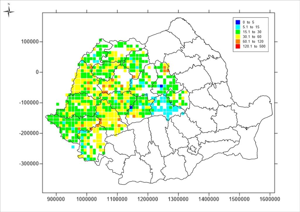 Figura 7. Harta de radon în sol din arealul celor 16 judeţe din România participante în proiect în celule de10 km x 10 km.
