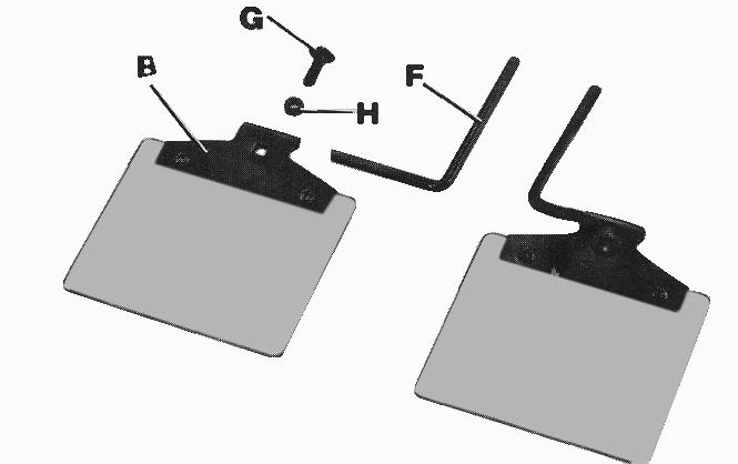 2. Insert the short end of mounting rod (F) Fig. 5, into hole of frame (B) and fasten in place with 3/4 inch-long square necked round head screw (G) and nut (H). 3. Assemble long end of eye shield mounting rod (F) Fig.