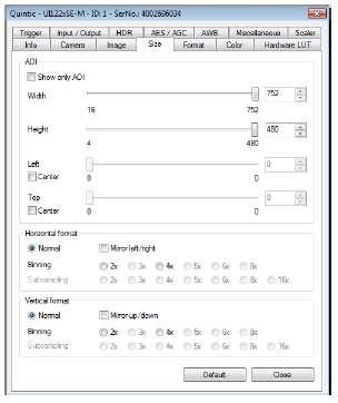 d. Size Tab (video size, area of interest) On this tab the user can set the image size parameters for your ueye camera.
