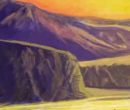 Using brighter colors and slightly more contrast than you used for the distant hills helps to bring these landforms more forward in the composition. (I used more saturated purple and golden colors.