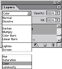414 LESSON 12 Creating Special Effects 3 In the Layers palette, choose Color from the pop-up mode menu to the left of the Opacity text box. The Color mode option is a blending mode.