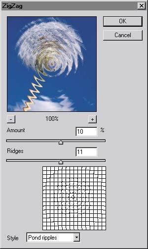 ADOBE PHOTOSHOP CS Classroom in a Book 423 5 At the bottom of the ZigZag dialog box, make sure that Pond Ripples is selected in the Style pop-up menu.