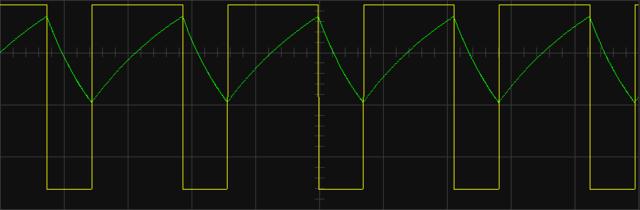 Here's an actual scope trace of the threshold (green) and output (yellow) pins.
