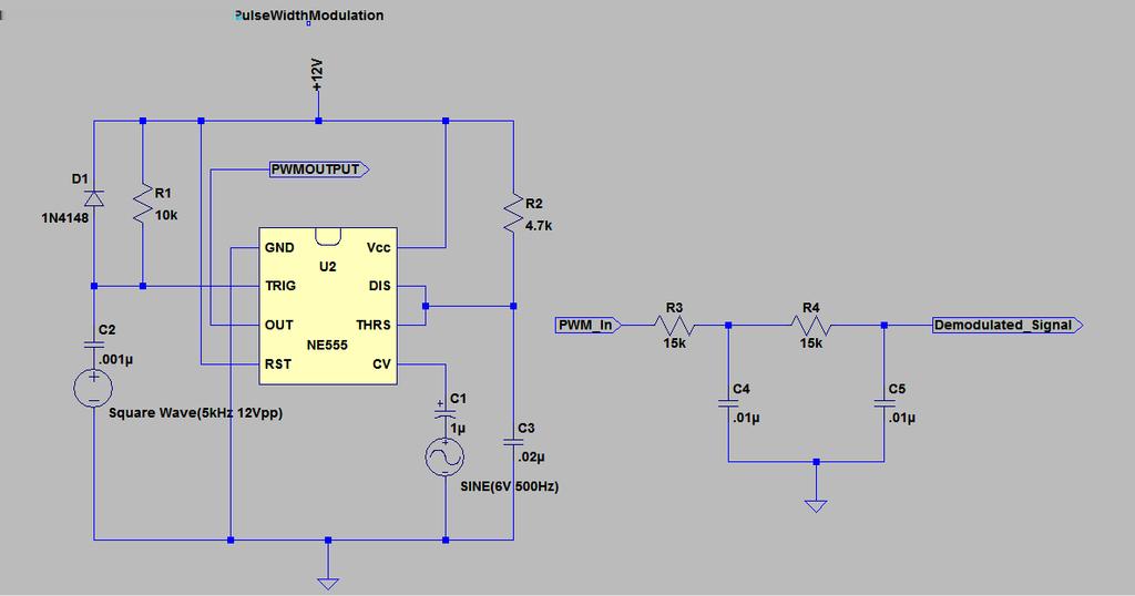 35 Procedure Figure 6.1: PWM generation and demodulation circuuit Connect the PWM generating circuit as shown in the circuit diagram, Figure 6.1. Feed the carrier pulse (square wave of 5kHz, 12V P P ) from the function generator.
