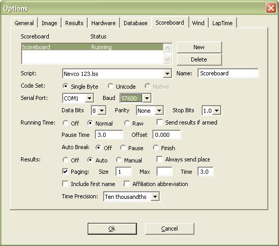 FinishLynx Users Example of Com Port Setup The above dialog box (found in the FinishLynx software under Scoreboard Options ) is a suggested starting point for operation of the FinishLynx system on a