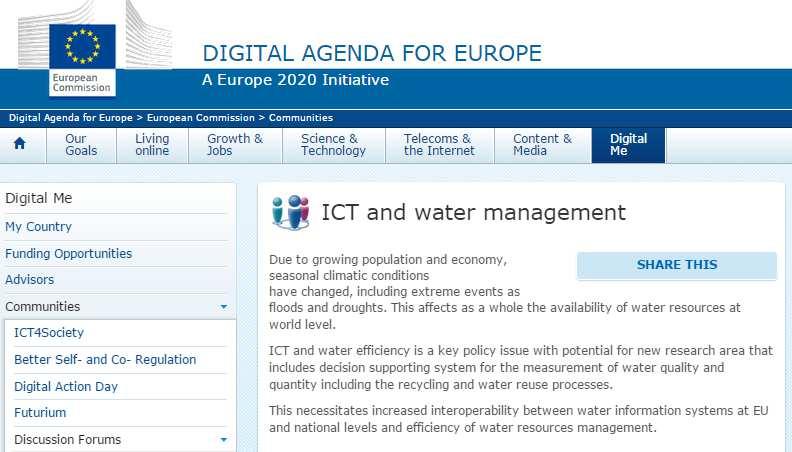 ICT for Smart Water Management EC perspective Part of the H2020 Digital Perspective for Europe Smart technologies: To increase water efficiency To improve water management To manage water demand To