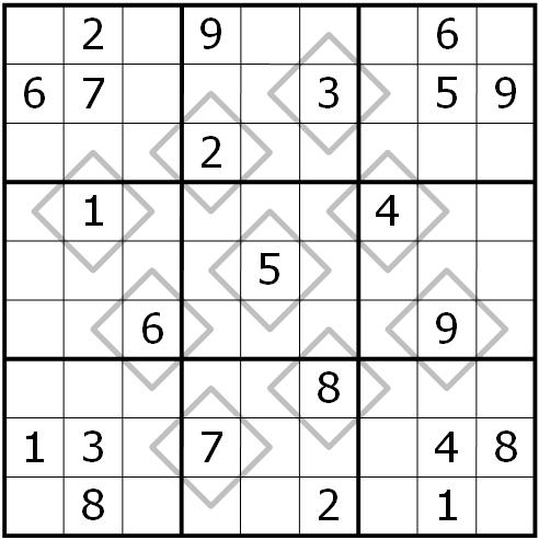 22. Rhombus Sudoku (Richard Stolk) There are some rhombus shaped figures in the grid.
