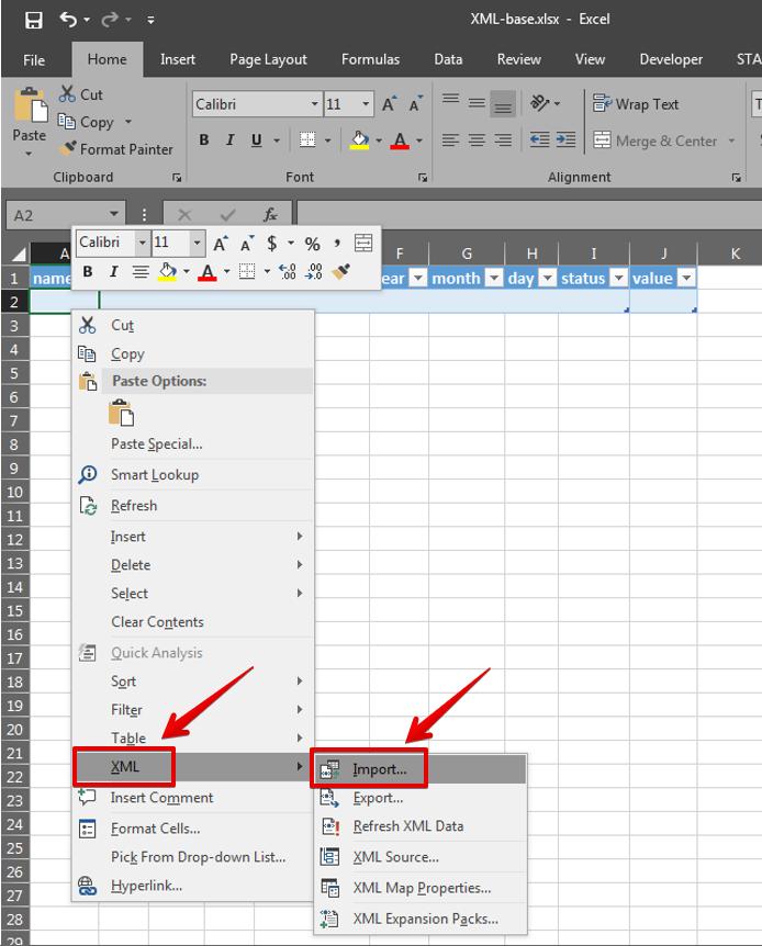 Go to cell A:2 and click to highlight. Right-click your mouse to open the Excel content menu. Hover to XML > and click Import.