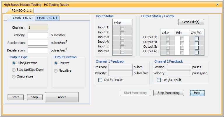 hapter : Specialty Module Specifications 0 High-Speed Module Tester Utility The High-Speed Module Tester is a software utility that allows a user to test the P-HSO module s inputs and outputs.