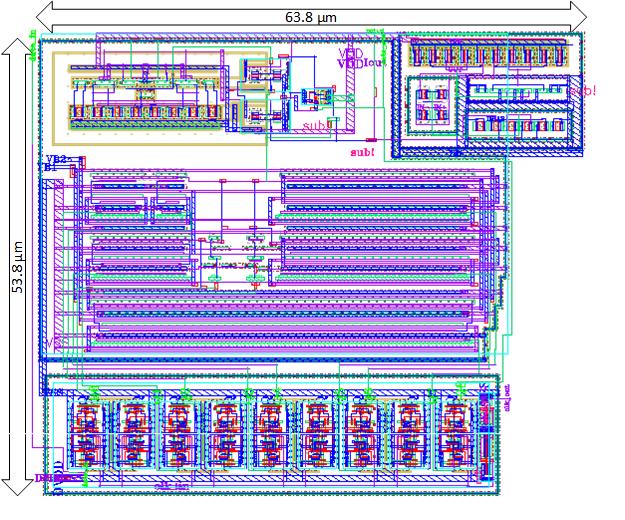 Figure 3.29: OTA Full Layout designed using subthreshold transistors configured in a translinear loop. The design and optimization was completed by Tan Yang as well. 3.5.