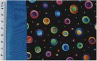 blue  LAF04 Bright yellow fabric with brightly coloured circles and stars,