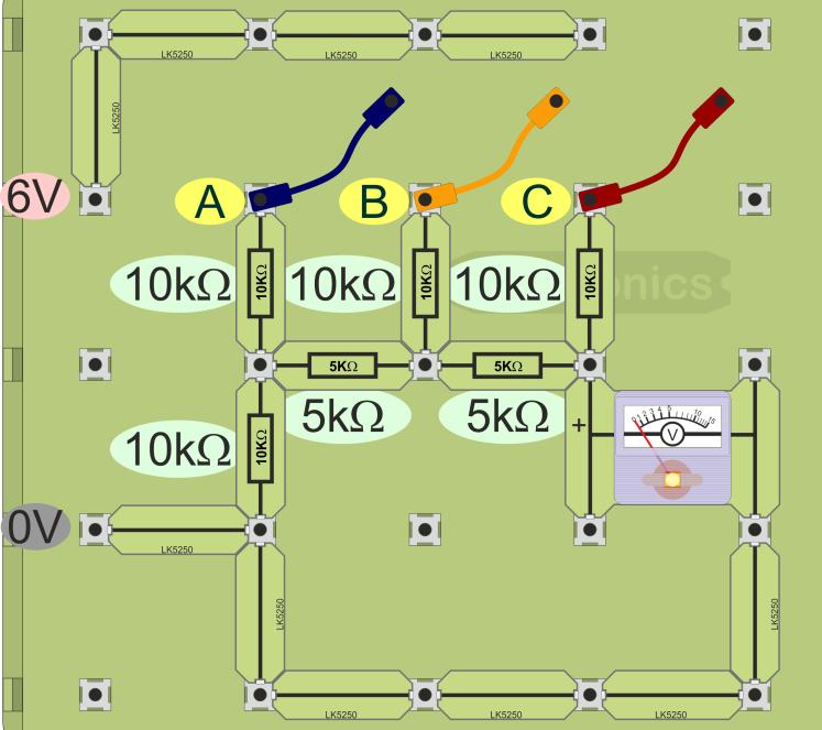 Note down the initial voltmeter reading in the first row of the table. Next, connect input A to 6V, and B and C to 0V, (binary number 001), and record the new reading.