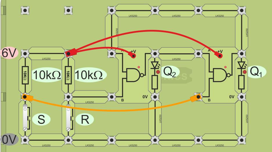 When a switch is pressed, the switch unit sends a 0 signal to the gate input. (You can show this by adding LED carriers between the B inputs and 0V.) Switch on the 6V power supply.