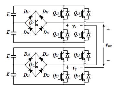 The total output voltage is sum of the outputs of the inverter modules and the nine voltage levels are 4E, 3E, 2E, E, 0, -E, -2E, -3E, -4E.