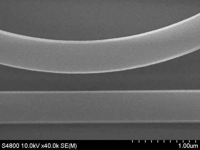g ~ 300±5 nm W ring ~ 500±5 nm ~ 10 μm HSQ Si 250 nm Si 250 nm SiO 2 SiO 2 Fig. 2. Scanning electron micrographs of a fabricated microring resonator and waveguide cross-section at two cleaved facets.