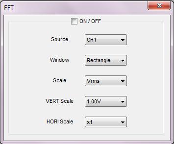 The FFT setup window: You can select the Source channel, Window algorithm,