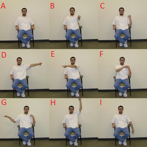 Figure 3.7: The Throne s gestural commands. A: Base pose. B: Move Forward. C: Move Backward.