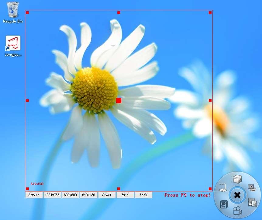 1. The size of the recording screen can be selected at the lower left corner, such as 1024X768, 800X600 and 640X480. The content in the red box of the screen can be recorded. 2.
